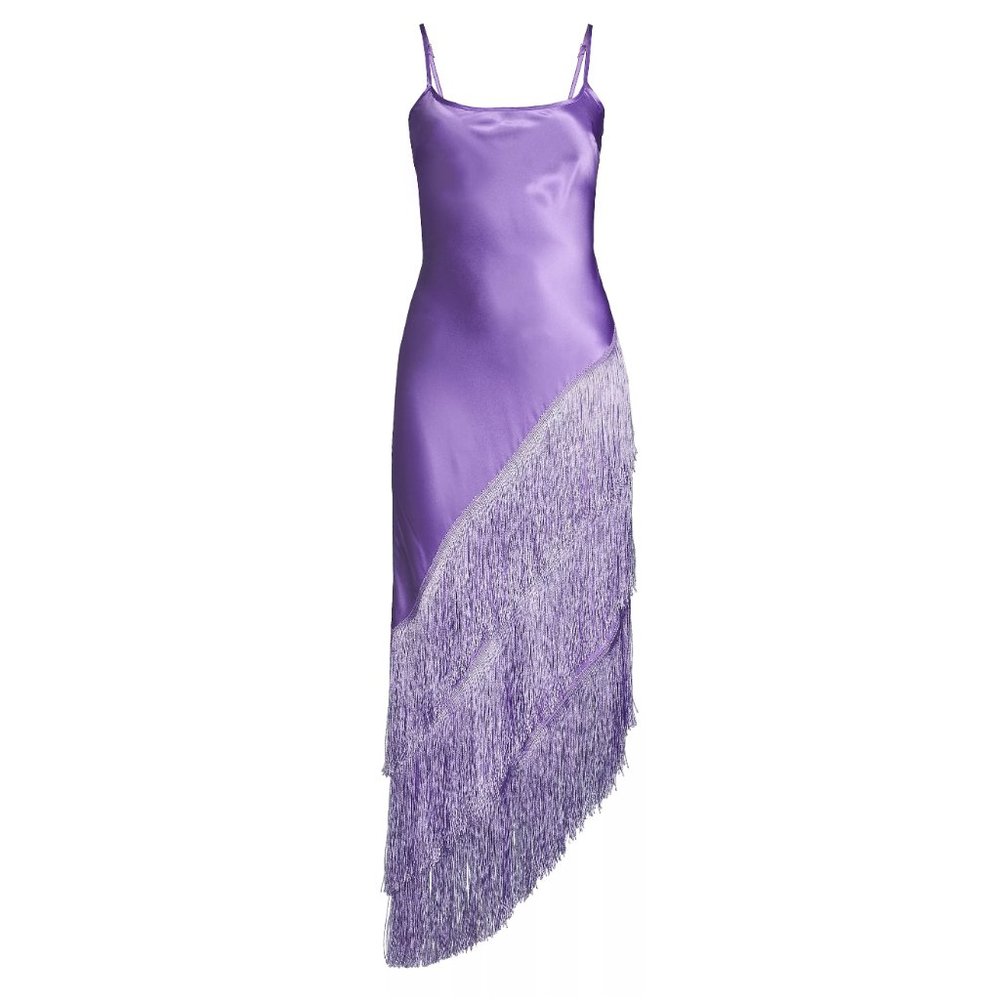 Delfi Collective 100% Silk Cristina Asymmetrical Fringe Dress Lavender Purple L - Picture 5 of 10